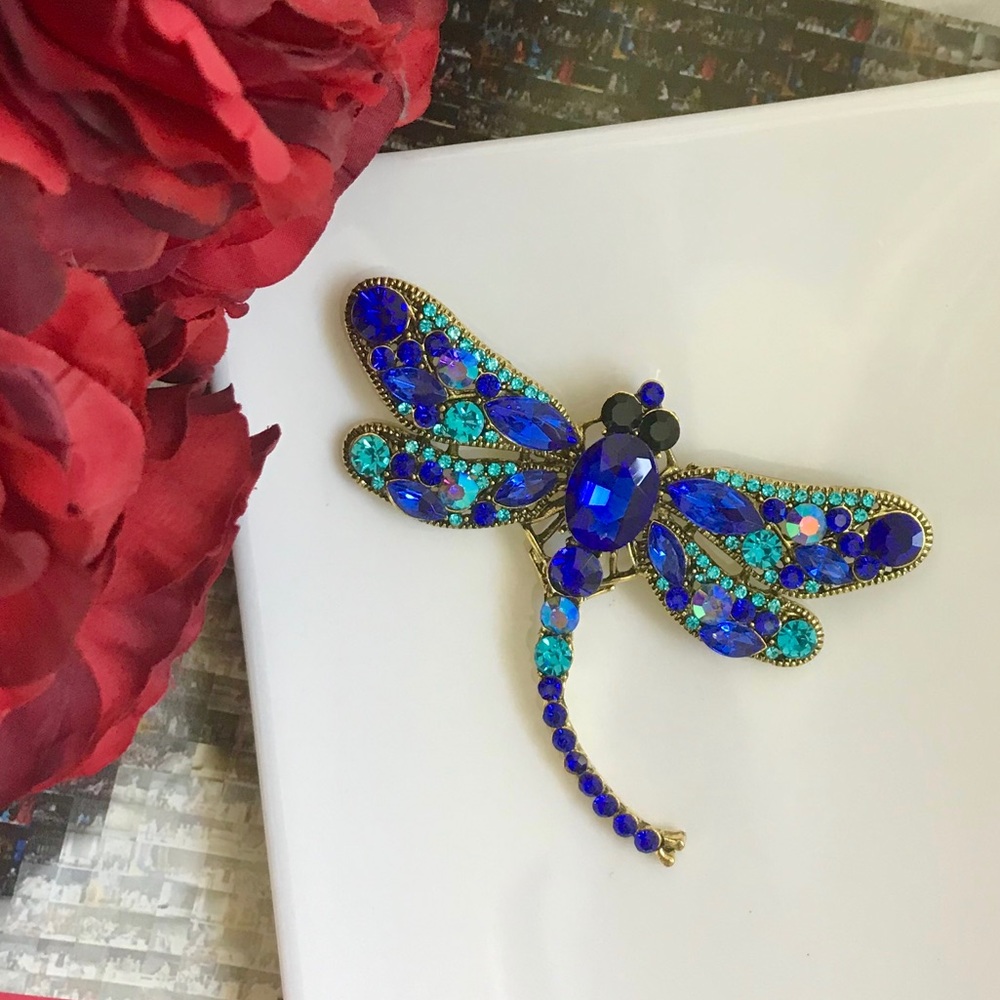 Gorgeous Blue Rhinestone Bug Dragonfly Brooch Pin